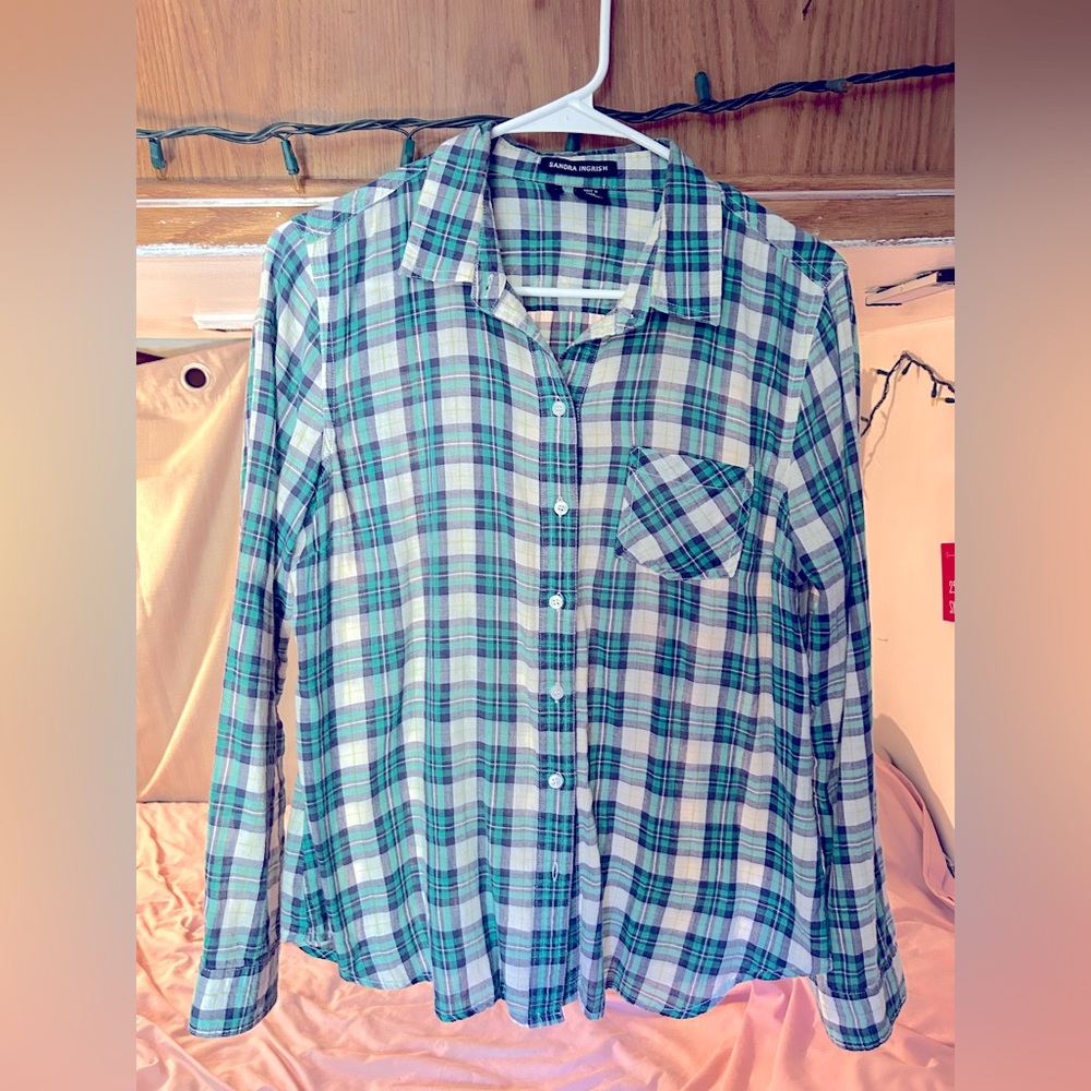 Aqua Green/ Blue Plaid soft pliable Button-Up Shirt size L fits  s/m